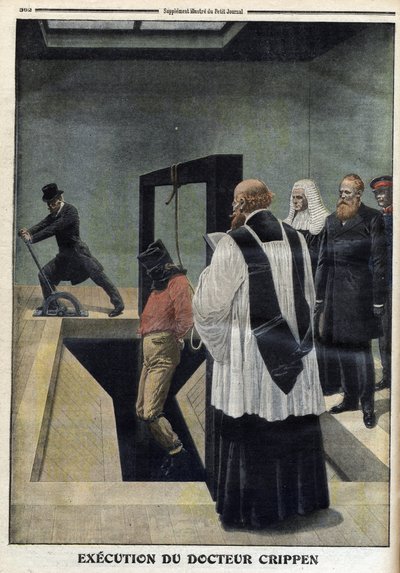 クリッペン医師の死刑執行 1910年12月4日付「The Petity Journal」イラスト付付付録より - 美しいエルモアを殺害した罪で死刑判決を受けたハーバート・ホーリー・クリッペン医師のペントンビル刑務所での死刑執行 - 「The Petity Journa」。 作： Anonymous Anonymous