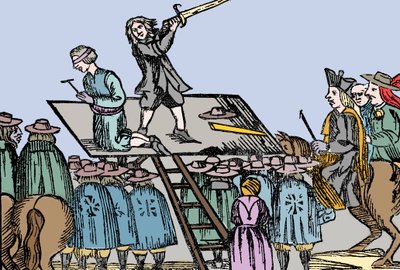 毒殺の刑に処せられたブランヴィリエ侯爵夫人マリー・マドレーヌ・ドーブレ（1630-1676）の処刑 - 匿名の印刷物。 作： Anonymous Anonymous