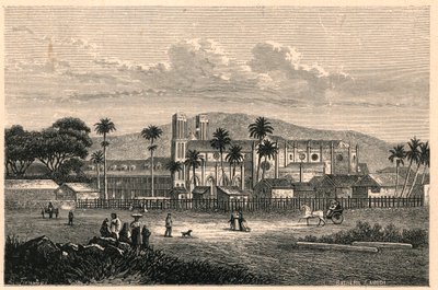 トリニダード（トリニダード・トバゴ、Trinidad and Tobago）にあるポート・オブ・スペイン（Port of Spain）の大聖堂の外観。Louis-Eugene (Louis Eugene) Louvet著「Les Missions Catholiques au XIXeme Siecle」に掲載されたエングレーヴィング。個人蔵。 作： Anonymous Anonymous