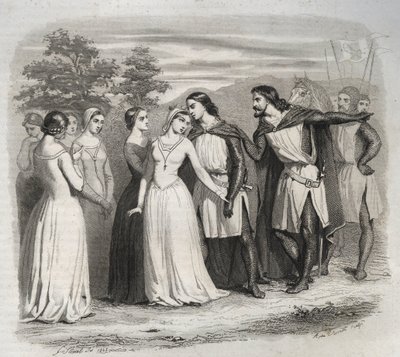 ハンガリー（チューリンゲン）の聖女エリザベス（1207-1231）が、1227年に第6回十字軍に出発する夫、チューリンゲンのルイ4世（1200-1227）に別れを告げる場面。1846年の「Lives of the saints」に掲載された版画。個人蔵。 作： Anonymous Anonymous