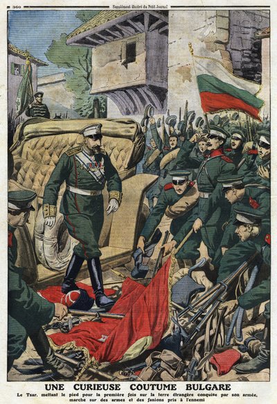 第一次バルカン戦争（バルカン）。ブルガリアの皇帝フェルディナンド1世（1861-1948）は、ムスタファ・パシャ（Mustapha Pasha）、現在のフェルディナンドヴォで、自軍が征服した外国の土地を行進し、敵の武器やペナントをピエタしている」イラストは "The Little Journal "より 作： Anonymous Anonymous