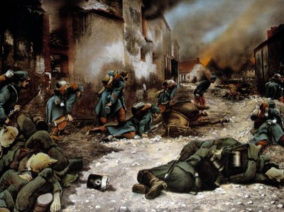 第一次世界大戦（1914年〜1918年）。"Battle in Chatillon sur Morin (Chatillon-sur-Marne) in September 1914" 匿名の絵画 作： Anonymous Anonymous