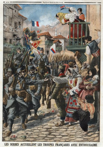 第一次世界大戦1914-1918（14-18）。セルビア人はフランス軍を熱烈に歓迎した。1915年10月24日、「Le Petité Journal」紙に掲載された版画。個人蔵。 作： Anonymous Anonymous
