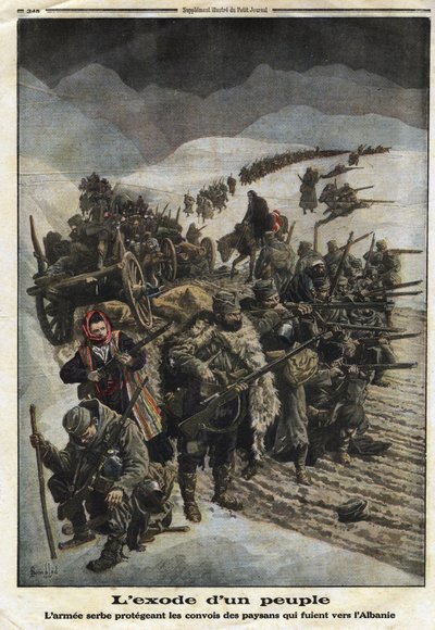 第一次世界大戦1914-1918（14-18）。"民族の脱出"。セルビアからアルバニアに逃れる農民の輸送隊を守るセルビア軍。1915年12月26日、「Le Petite Journal」に掲載されたエングレーヴィング。個人蔵。 作： Anonymous Anonymous