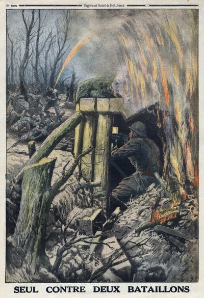 第一次世界大戦1914-1918（第14次世界大戦-第18次世界大戦）。Bois de Cauresでドイツ軍の2つの大隊を相手に、フランス人将校が単身で戦う。Le Petite Journal "で、1916年5月14日に。個人蔵 作： Anonymous Anonymous