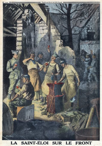 第一次世界大戦1914-1918（第14-18次大戦）。前線の兵士たちの聖エロイ(Saint-Eloi)の祝賀会。全員が赤ワインを一杯飲んでパーティーに臨む。Le Petite Journal", on 3/12/1916に掲載。プライベート・コレクション 作： Anonymous Anonymous