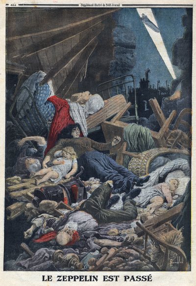 第一次世界大戦1914-1918（第14-18次大戦）。ドイツ航空隊のツェッペリンの爆撃により、自宅で死亡した民間人。1916年2月13日付「Le Petite Journal」にて。個人蔵 作： Anonymous Anonymous
