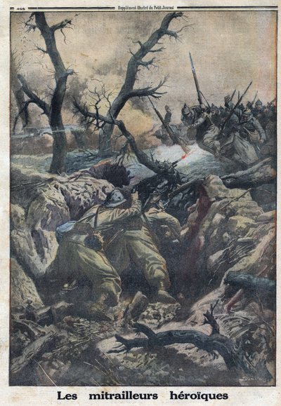 第一次世界大戦1914-1918（大戦14-18）。攻めてくるドイツ軍を撃つフランスの機関銃手。Le Petite Journal "で、1916年9月4日に。個人蔵 作： Anonymous Anonymous