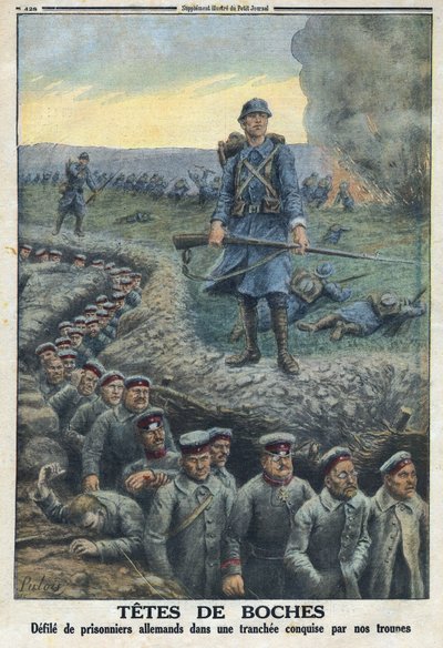 第一次世界大戦1914-1918（第14-18次大戦）。"ヘッドヘッド"：フランス軍の部隊が征服した塹壕の中で、ドイツ人捕虜を汚す。1916年3月5日の "Le Petité Journal "にて。個人コレクション 作： Anonymous Anonymous