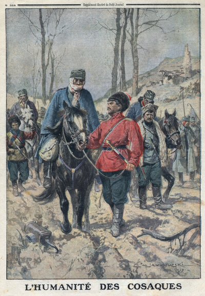 第一次世界大戦1914-1918（第14-18次大戦）。コサック軍の病気や怪我をしたオーストリア人捕虜に馬が貸与される。Le Petite Journal "にて、1916年7月23日の記事。個人コレクション 作： Anonymous Anonymous