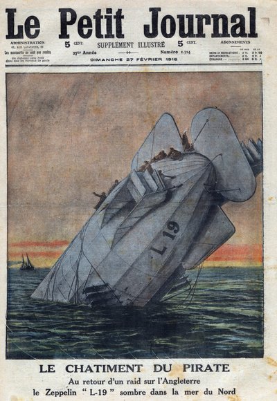第一次世界大戦1914年から1918年（第14次世界大戦～第18次世界大戦）。イギリスを空襲した帰りに、ドイツ空軍のツェッペリンL-19が北海で失敗した。Le Petite Journal "にて、1916年02月27日。個人蔵 作： Anonymous Anonymous