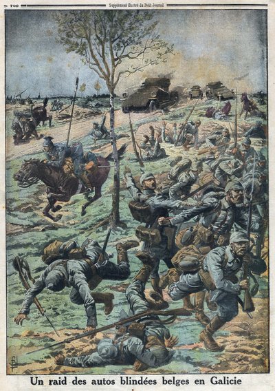 第一次世界大戦1914-1918（第14次世界大戦-第18次世界大戦）。ガリシアでのベルギー車ブリンブリンの襲撃。1916年10月29日の "Le Petite Journal "にて。個人蔵 作： Anonymous Anonymous