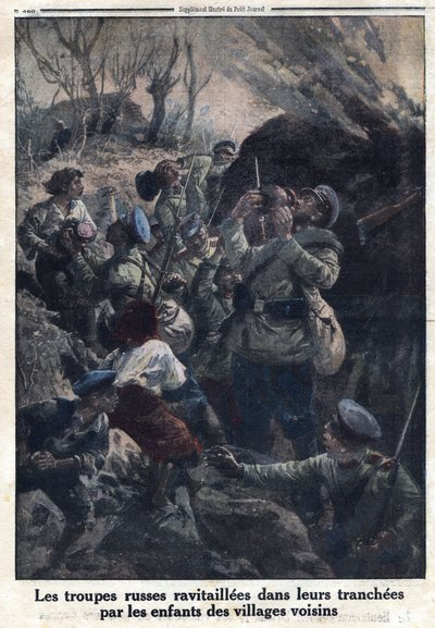 第一次世界大戦1914-1918（大戦14-18）。塹壕の中で近隣の村の子供たちから燃料を補給されるロシア軍部隊。Le Petite Journal "にて、1916年04月02日。個人蔵 作： Anonymous Anonymous