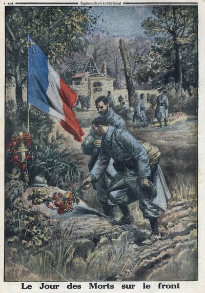 第一次世界大戦1914-1918（戦争14-18）。戦線の死者の日。万聖節の兵士たちが戦死した兵士の墓に花を咲かせる。Le Petite Journal "にて、1916年5月11日の記事。個人蔵 作： Anonymous Anonymous