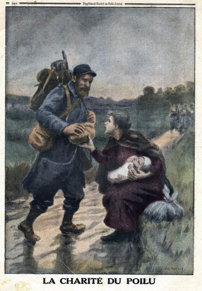 第一次世界大戦1914-1918（戦争14-18）。毛むくじゃらの慈愛：小道を行くフランス兵が、赤ん坊を抱えて一人でいる女性にパンを差し出すために立ち止まる。1916年9月1日の "Le Petite Journal "にて。個人蔵 作： Anonymous Anonymous