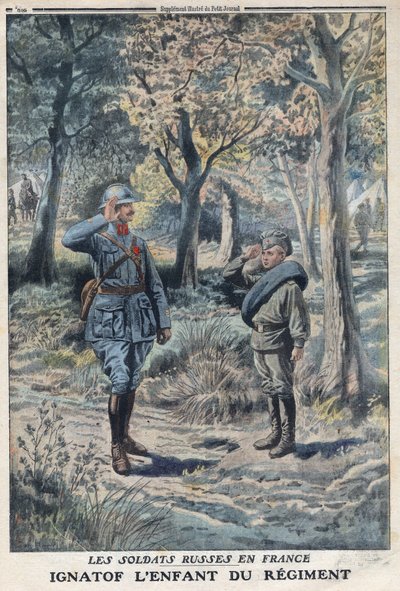 第一次世界大戦1914-1918（第14次世界大戦-第18次世界大戦）。フランス陸軍の連隊に所属する若きロシア兵イグナートフの姿。Le Petité Journal "にて、1916年5月21日付。個人蔵 作： Anonymous Anonymous