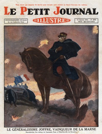 第一次世界大戦：馬に乗ったジョセフ・ジョッフル将軍（1852-1931）の肖像、ラ・マルヌの戦場で勝利者として表現されている（1914年9月）」コンスタンティン・フォントの絵画からのイラスト。1931年の "Le petit journal illustrious "のエングレーヴィング。 作： Anonymous Anonymous