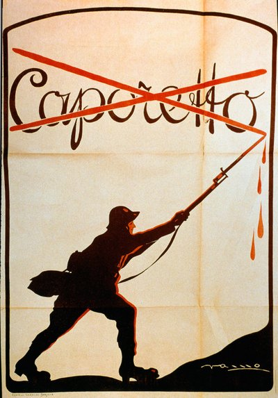 第一次世界大戦：1917年10月末のカポレットの敗北（カルフリートの戦い）の際に発表されたポスターで、バオネットの先から "カポレット "の名を剥ぎ取ったイタリア軍の兵士を描いたもの。イラストレーターは不明 作： Anonymous Anonymous