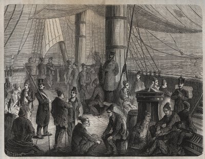1851年12月8日の政令に基づく、トゥーロンからカイエンヌ（ガイアナ）への第一次輸送隊。ピエール・ザッコーネ（1817-1895）の「Histoire des bagnes depuis leur création à nos jours」（1877年）に掲載されている版画（コロニア・ペナーレ-刑罰植民地）。個人蔵。 作： Anonymous Anonymous