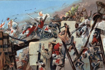 第一回十字軍（1096-1099）：1099年7月15日、ブイヨンのゴデフロイ（Godefroi）（1061-1100）に率いられたクロイスがエルサレムを占領したこと。20世紀初頭、ブリュッセルのアントワーヌ・ショコラの広告用クロモリトグラフ。個人蔵 作： Anonymous Anonymous