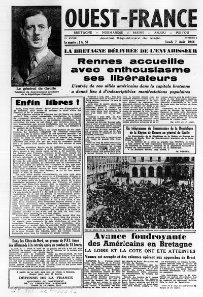 1944年8月7日の西フランス創刊号：西フランスのラララ解放とドゴール将軍-写真、B.N. 作： Anonymous Anonymous