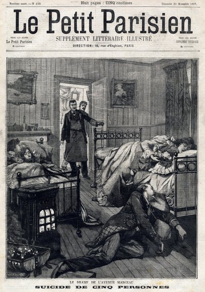 パリのマルソー通りで5人の自殺者が出る。1897年11月21日の「Le Peute Parisien」に掲載。個人蔵 作： Anonymous Anonymous
