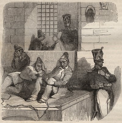 19世紀、ロシュフォールのバッグンで休息するフォルカ。ピエール・ザッコーネ（1817-1895）の「Histoire des bagnes depuis leur création à nos jours」（1877年）に掲載されている版画（コロニア・ペナーレ＝流刑地）。 作： Anonymous Anonymous