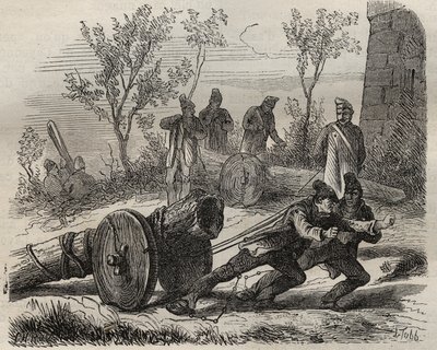 19世紀のトゥーロン・バッグンでのフォルカッツ・ブシュロン。ピエール・ザッコーネ（1817-1895）の「Histoire des bagnes depuis leur création à nos jours」（1877年）に掲載された版画（Colonia Penale - Penal colony）。個人蔵。 作： Anonymous Anonymous