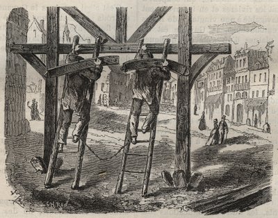 19世紀のトゥーロン・バッグンのフォルカッツ大工たち。ピエール・ザッコーネ（1817-1895）の「Histoire des bagnes depuis leur création à nos jours」（1877年）に掲載された版画（Colonia Penale - Penal colony）。個人蔵。 作： Anonymous Anonymous