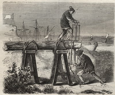 19世紀、カイエン（仏領ギアナ）のサンローラン（Saint-Laurent）刑務官のForcats saweurs。ピエール・ザッコーネ（1817-1895）の『Histoire des bagnes depuis leur création à nos jours』（1877年）に掲載されている版画（Colonia Penale - Penal colony）。プライベートc 作： Anonymous Anonymous