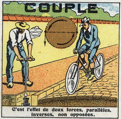 力：トルクやねじりの力。噴水とサイクリスト。1925年の匿名のイラスト。個人蔵。 作： Anonymous Anonymous
