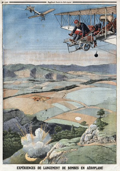 フランス軍：「飛行機爆弾の発射体験」。1912年4月14日、「Le Petité Journal」誌に掲載された版画。個人蔵。 作： Anonymous Anonymous