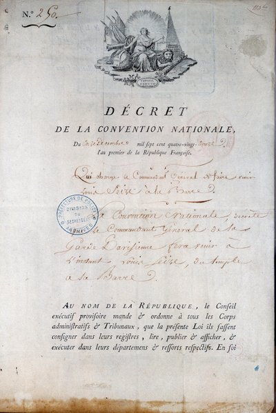 フランス革命。1792年11月12日、国民衛兵に王ルイ16世を神殿の牢獄から宮廷に連れてくるよう命じた大会の決定書。パリ警察庁 作： Anonymous Anonymous