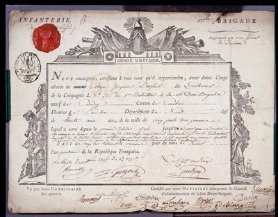 フランス革命：カンブレー地方の旅団の中尉の、4年プレイリアル5日（1796年5月24日）付の軍人会談の公文書。ノール・リール県の公文書館 作： Anonymous Anonymous