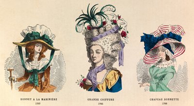 左からカラス：1787年の「マリニエール帽」、1785年の「グランド・ヘアスタイル」、1786年の「ボネット帽」 - 個人蔵 作： Anonymous Anonymous