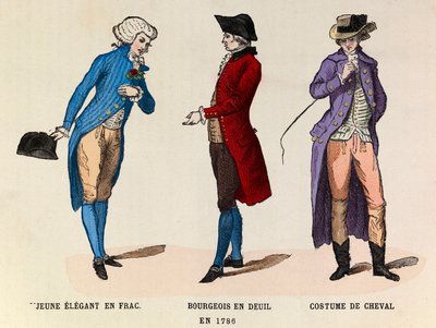 左から右へ。1786年、フラックを着た若いエレガントな女性、喪服と馬のスーツを着たブルジョワ - 個人蔵 作： Anonymous Anonymous