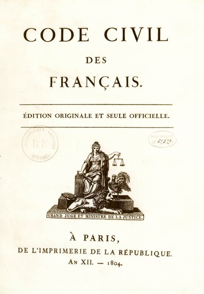 1804年3月21日にナポレオン・ボナパルトによって公布された「フランス民法」の12の原版のうちの1つの正面図。フランス市民権法。B.N.パリ 作： Anonymous Anonymous