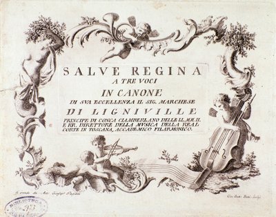 リグヌヴィル侯爵による三声のための賛美歌「Salve regina」の譜面の扉（1768年 作： Anonymous Anonymous