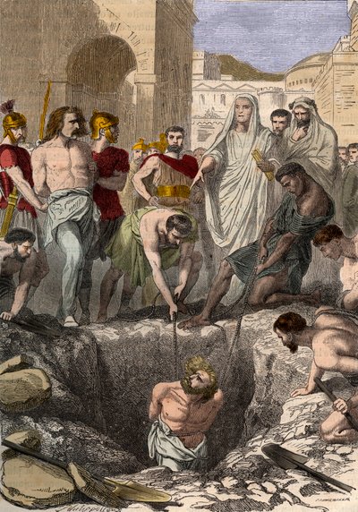 ローマ人に埋葬されたガリア人 - 1876年の「最も遠い時代から現代までのフランスの国史図解」に掲載された19世紀の版画 - 個人蔵 作： Anonymous Anonymous