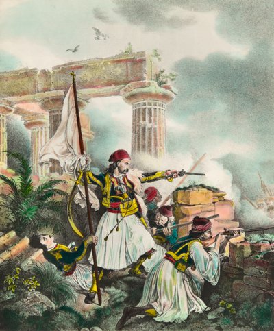 オスマン帝国に対するギリシャ独立戦争：1821年3月25日の蜂起の後、ニコラキ・ミトロポロスによってサロナに旗が上がっている。19世紀のリトグラフ 個人蔵 作： Anonymous Anonymous