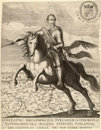 Gustave II Adolphe, dit le Grand ou le lion du Nord (1594-1632), roi de Suede, chevauchant la carte de Pomeranie - Gustavus Adolphus before the map of Pomerania in background - Anonymous - 1630 - Copper engraving - 30,4x23,9 - Private Collection 作： Anonymous Anonymous