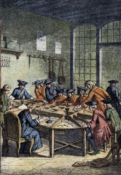 郵便局の歴史：ルイ15世の支配下にあった仕分け室（18世紀）。1920年4月15日の "Le petit journal "の詳細。プライベートコレクション 作： Anonymous Anonymous