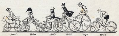 自転車の歴史：1700年から1928年までの様々なモデルの自転車。"Le petit journal illustrious "に掲載されたエングレーヴィング 作： Anonymous Anonymous