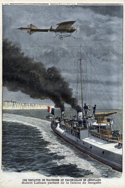 Hubert Latham（1883-1912）、フランスの飛行家、単葉機「アントワネット」でサンガットを出発し、飛行機での海峡横断を試みる（7月19日）。 作： Anonymous Anonymous
