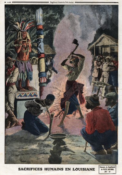 ルイジアナでの人間の生け贄1912年4月21日の "Le petit Journal "に掲載されたエングレーヴィング。個人蔵。 作： Anonymous Anonymous