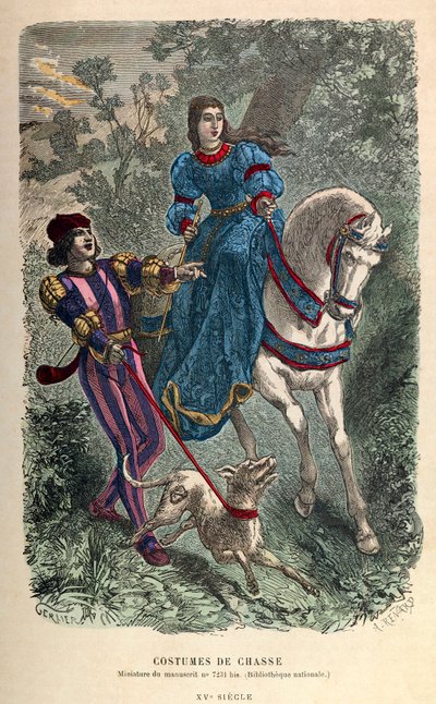15世紀の狩猟衣装、若い乗馬女性とその従者 - 個人蔵 作： Anonymous Anonymous