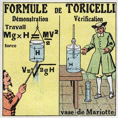 水力：トリチェリの式の実演と検証。イタリアの物理学者エヴァンゲリスタ・トリチェリ（Evangelista Torricelli）（1608-1647）は、液体の落下高さがわかっているときの流量を計算する公式を与えた。右側は、花瓶の 作： Anonymous Anonymous