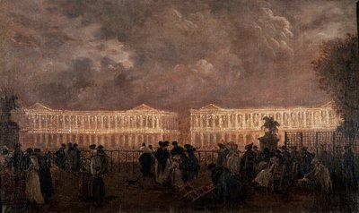 1782年のパリ、ルイ15世広場（現在のコンコルド広場）のイルミネーション 左は現在のホテル・クリヨン、右はホテル・ド・ラ・マリーン（ホテル・デュ・ガルド・ムーヴル）である。匿名の絵画 作： Anonymous Anonymous