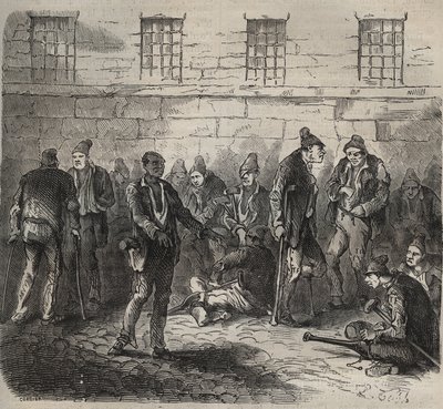 19世紀のトゥーロン・バグーンの病人部隊。ピエール・ザッコーネ（1817-1895）の「Histoire des bagnes depuis leur création à nos jours」（1877年）に掲載されている版画（Colonia Penale - Penal colony）。個人蔵。 作： Anonymous Anonymous