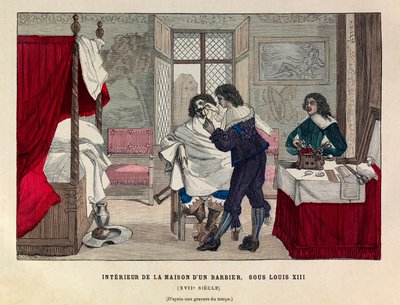 17世紀、フランス国王ルイ13世の治世下にあったパリの理髪店の内部 - Interior of a barber